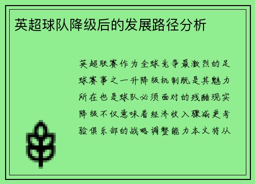 英超球队降级后的发展路径分析